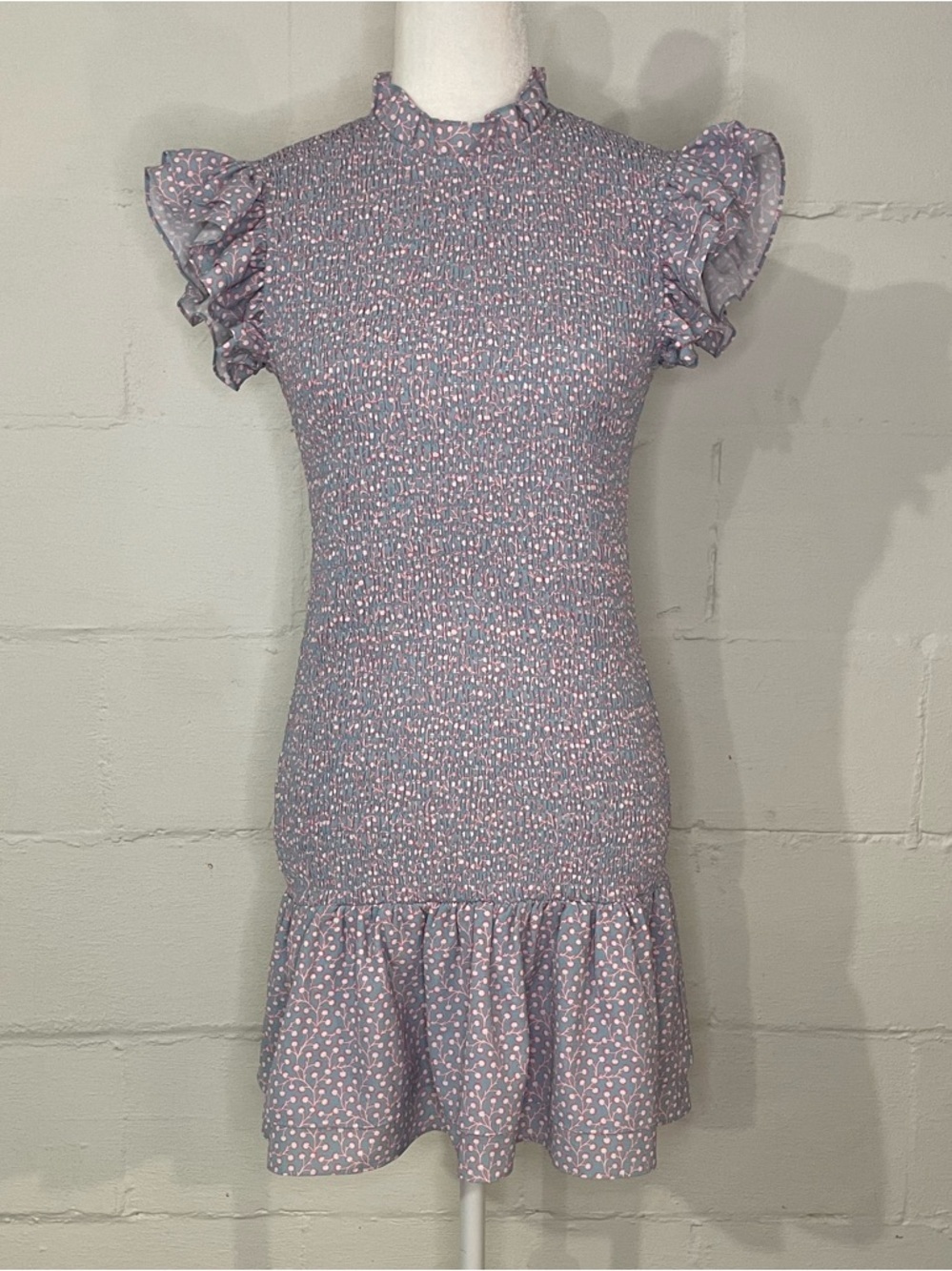 French Connection Lavender Dot Floral Print Ruffle Mini Dress
